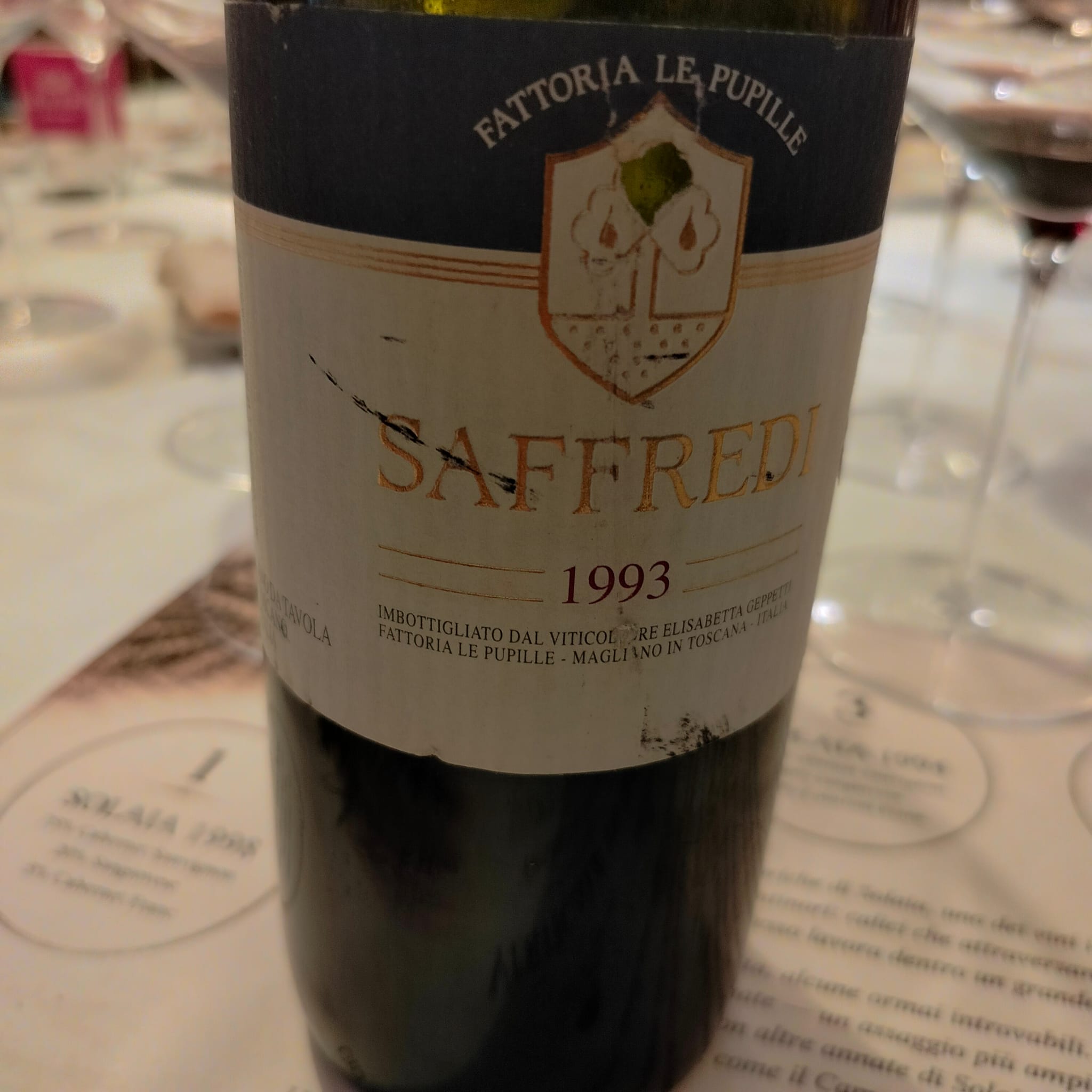 Saffredi 1993 from Fattoria Le Pupille: the passage of time on its label.