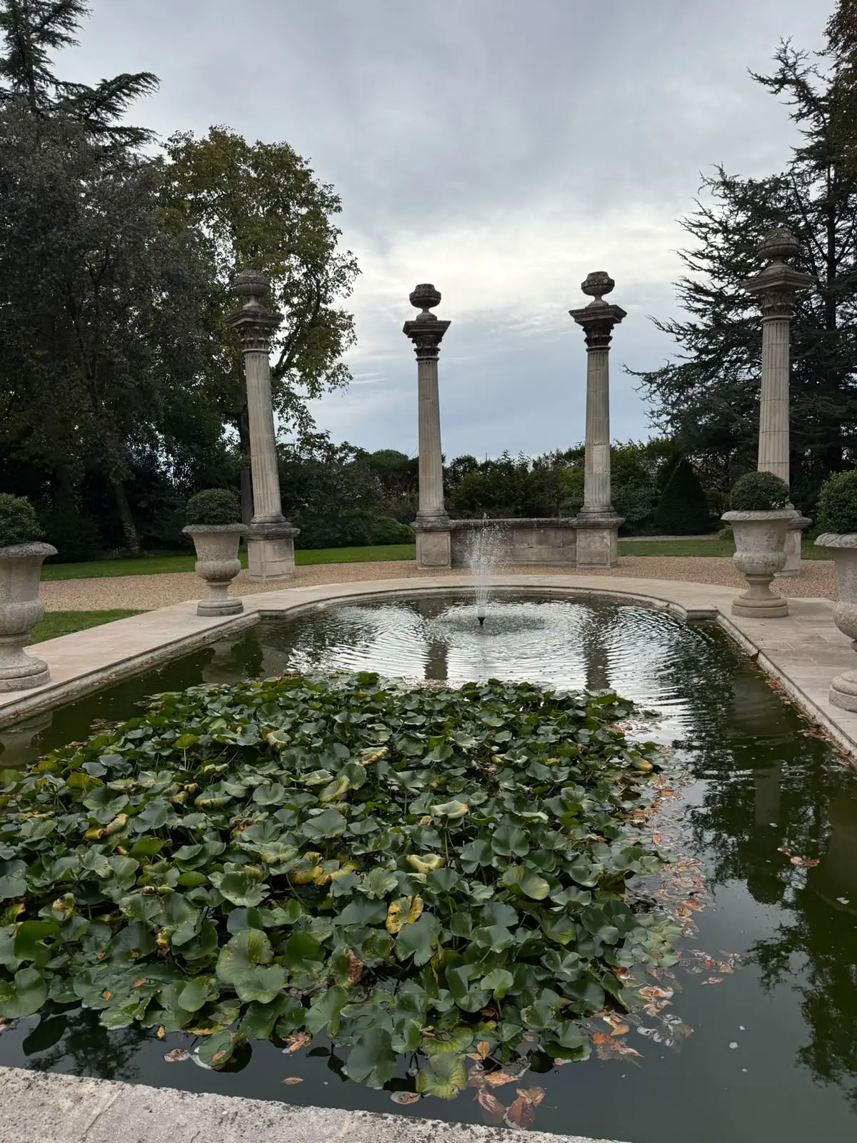 A pool with water lilies and columns in the garden at La Mission Haut-Brion