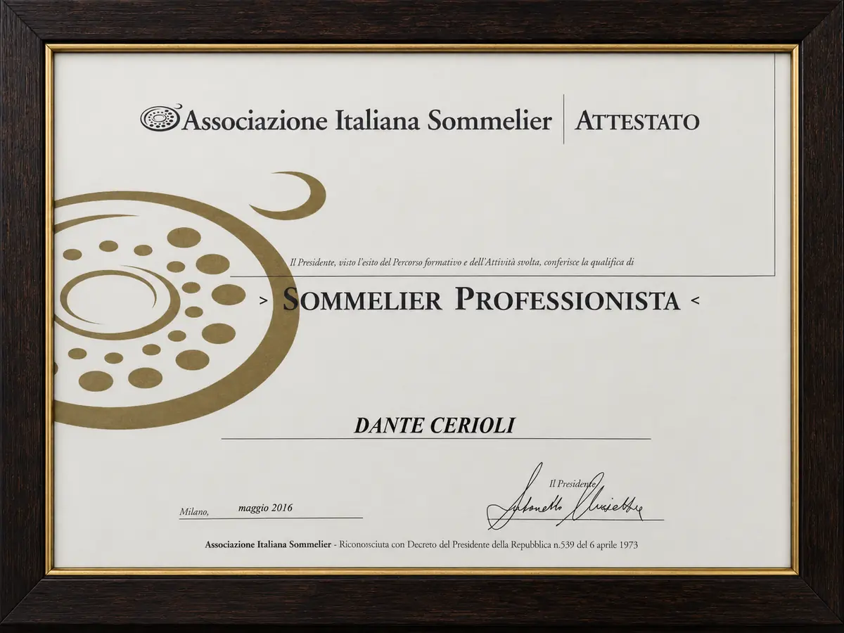 AIS Professional Sommelier certificate awarded to Dante Cerioli in May 2016