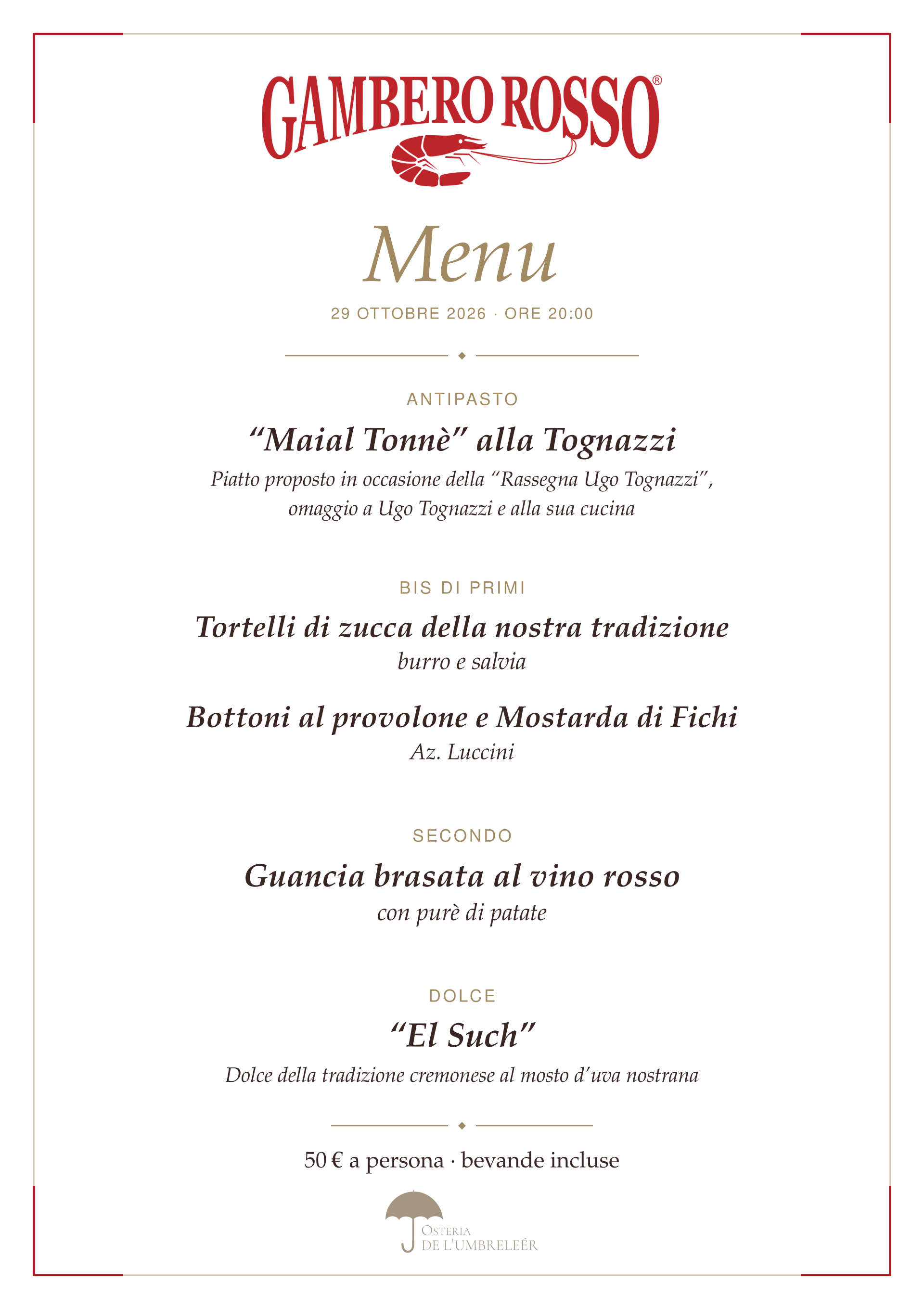 Dinner menu · The Best in Lombardy Experience 2026
